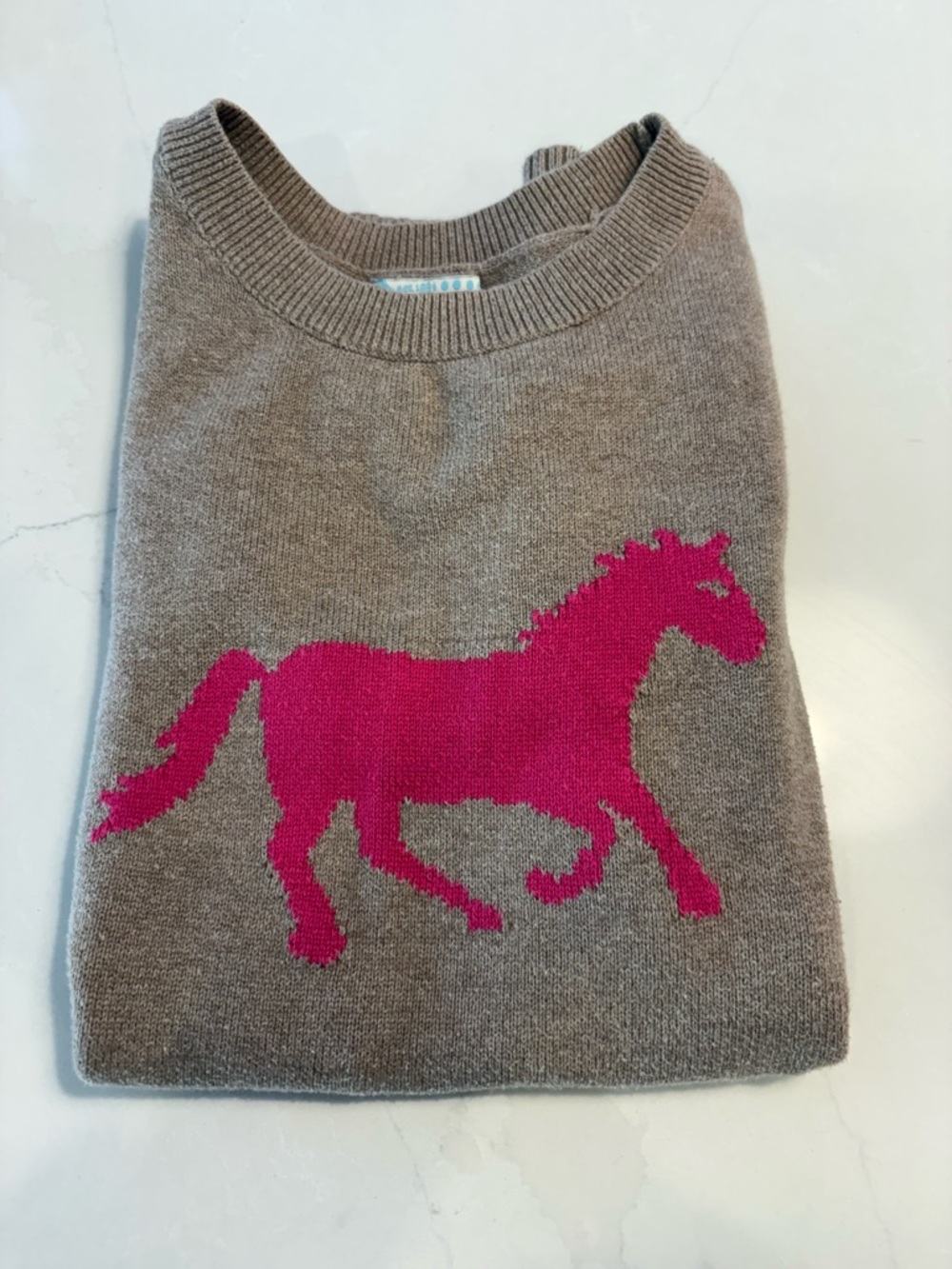 Old Navy Taupe Crewneck Sweater with Pink Horse Graphic